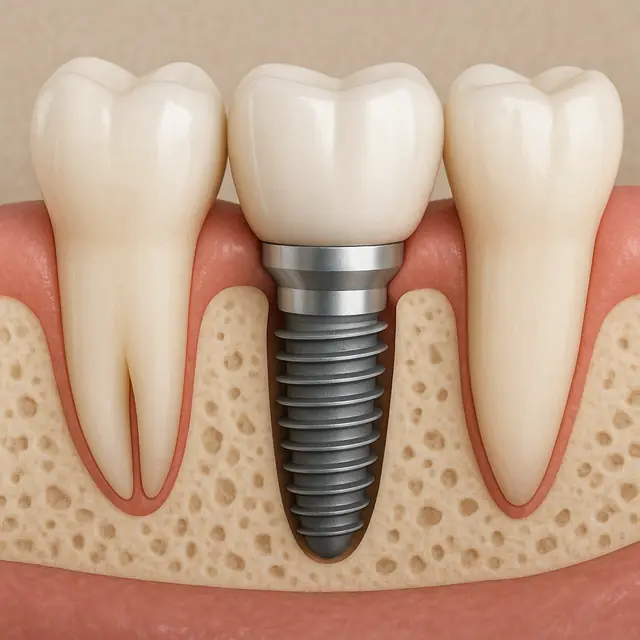 Ilustración de un implante dental de titanio con corona entre dientes naturales